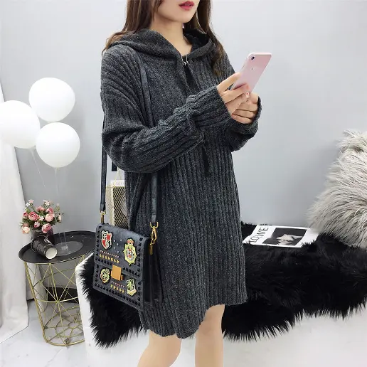 好評発売中 フード付き 防寒 無地 ストレート 長袖 ファッション ニットワンピース