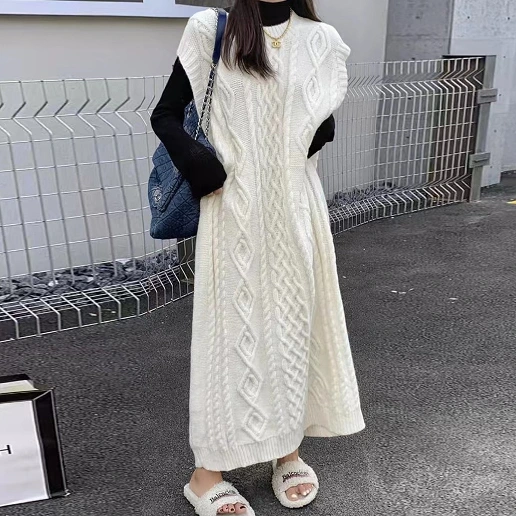 プルオーバー ラウンドネック カジュアル ノースリーブ 上品見え ストレート ハイウエスト ロング スタイルアップ ニットワンピース