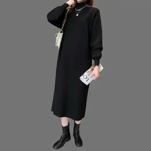 ins超人気 プルオーバー ハーフネック 長袖 無地 ストレート 定番 ニットワンピース