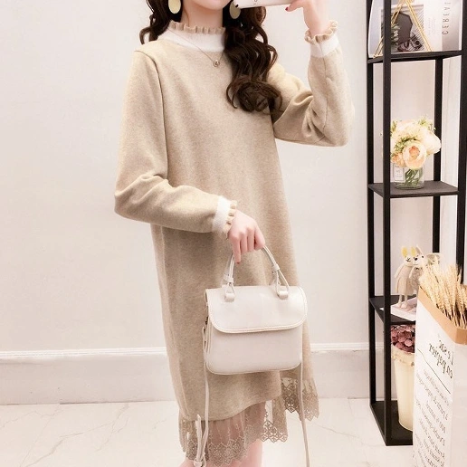 早い者勝ちです! レース 配色 長袖 切り替え ストレート シンプル ニットワンピース