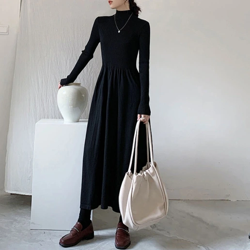 通勤 ギャザー 切り替え 着痩せ効果 無地 Aライン エレガント クローズドバック スウィート ニットワンピース