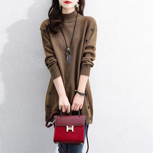 女性に大人気 無地 ボタン ハーフネック 長袖 ニット カジュアル ニットワンピース