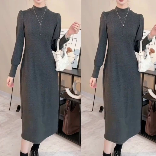 新登場 ハーフネック 無地 長袖 Aライン ランタンスリーブ ファッション カジュアルワンピース ニットワンピース