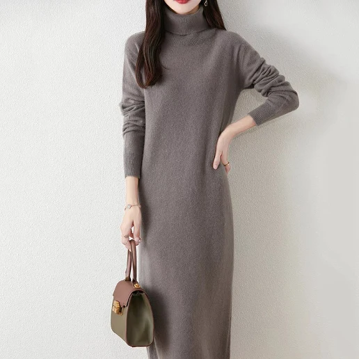 No.1 人気商品 スリム 長袖 ハイネック ストレート 無地 シンプル ニットワンピース