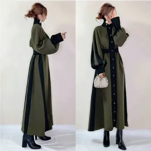 女性に大人気 Aライン 切り替え スタンドネック 長袖 配色 シンプル カジュアルワンピース