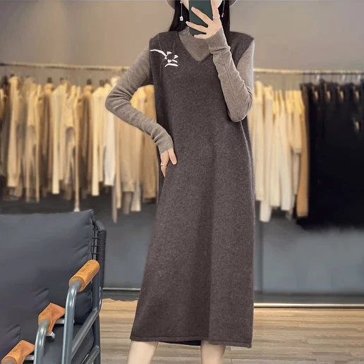 毎日モテ続けちゃう！ 花模様 ストレート ノースリーブ 長袖 刺繍 シンプル ニットワンピース