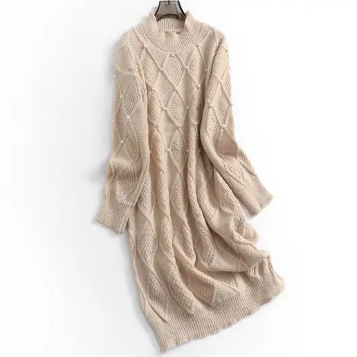 大人女子必見! 切り替え ビーズ ストレート 無地 長袖 シンプル ニットワンピース