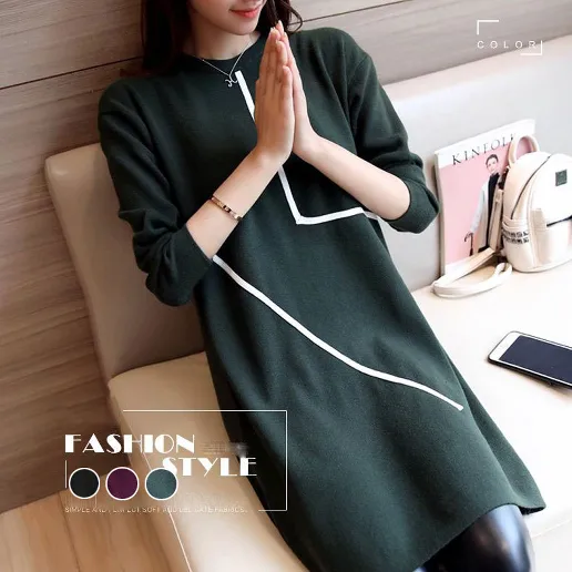 ins超人気 長袖 ラウンドネック 配色 通勤 ストレート カジュアル ニットワンピース