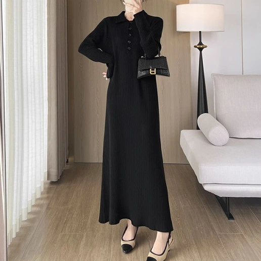 無地 Aライン ボタン 折り襟 長袖 ファッション カジュアルワンピース