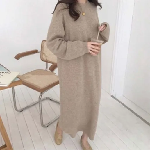 体型をカバー モード コーディネート自在 ラウンドネック キレカジ 大きめのサイズ感 ビックシルエット 通勤 ストレート きれいめ系 ニットワンピース