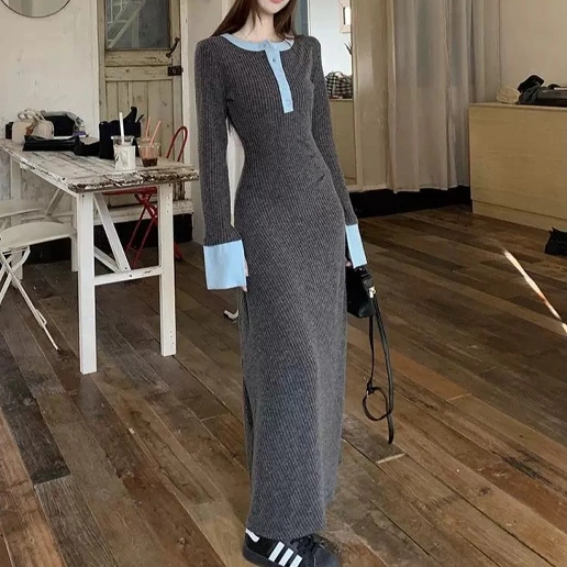 シンプル ファッション ラウンドネック ナチュラル レトロ コーディネート自在 Aライン きれいめ系 足首丈 ハイウエスト ニットワンピース