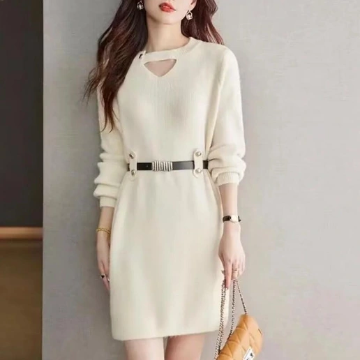 絶対欲しい スリム 無地 長袖 デート Vネック ファッション Vネック ニットワンピース