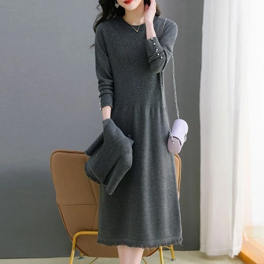 ins超人気 ラウンドネック 長袖 ストレート 切り替え 無地 カジュアル ワンピース