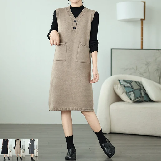 流行の予感 無地 ノースリーブ ポケット付き ボタン ストレート 森ガール ワンピース ニットワンピース