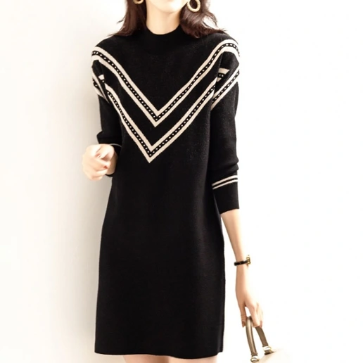 女性らしさ全開♡ ストレート ハーフネック レギュラーウエスト 配色 長袖 ファッション ワンピース ニットワンピース