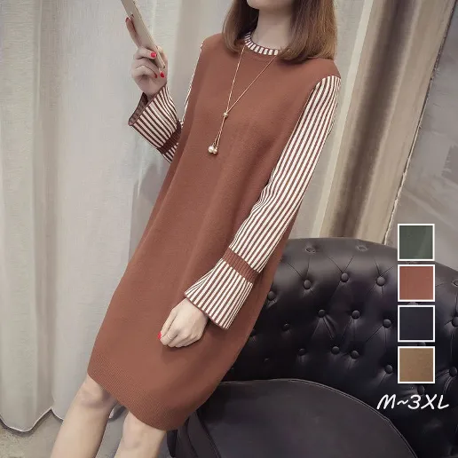 女性に大人気 ストライプ柄 配色 切り替え 長袖 フレア袖 カジュアル ニットワンピース