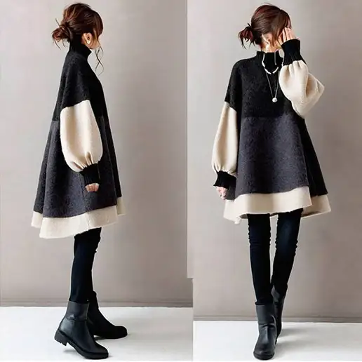 「女性に大人気」 切り替え ハイネック 長袖 配色 ファッション カジュアルワンピース