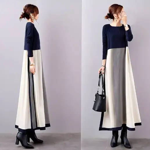 ラウンドネック Aライン 配色 長袖 SNSで話題沸騰 高評価・仕事用におすすめ 大活躍 カジュアルワンピース