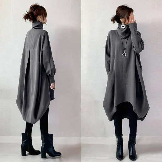 リピー数高 無地 ポケット付き ハイネック 長袖 カジュアルワンピース