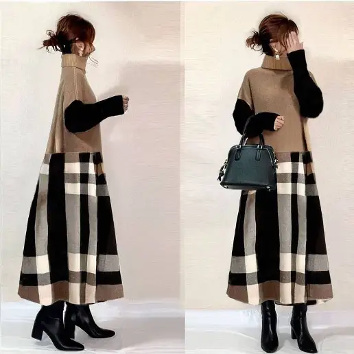 今売れてます 長袖 チェック柄 配色 Aライン 切り替え シンプル カジュアルワンピース