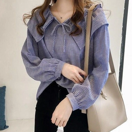 No.1 人気商品 体型をカバー ストライプ柄 ボウタイ ピーターパン・カラー 長袖 ファッション シャツ