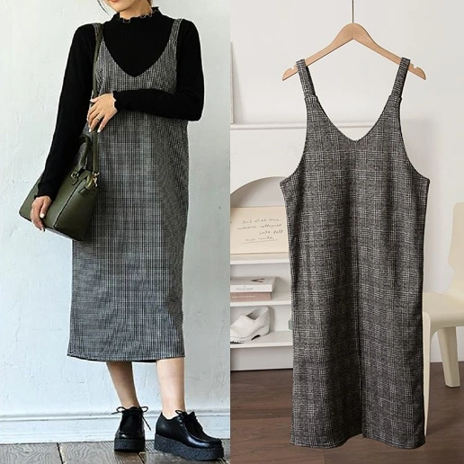 Vネック ノースリーブ エレガント オフィス シンプル チェック柄 ファッション フェミニン 平日 キャミワンピース