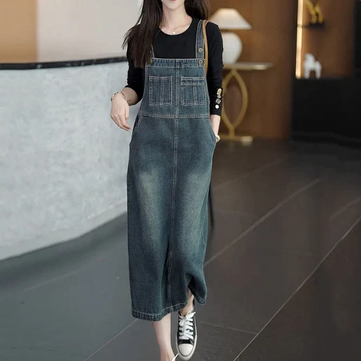 主役級 スリット 無地 ボタン ポケット付き ノースリーブ カジュアル デニムワンピース キャミワンピース