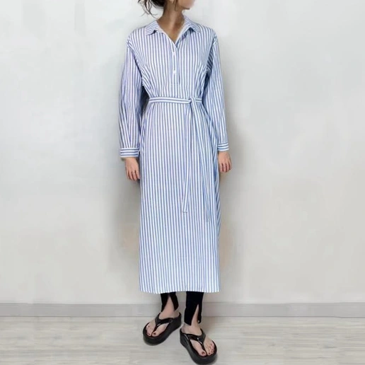 「ストライプ柄 」シンプル 折り襟 着痩せ効果 ボタン 長袖 シャツワンピース