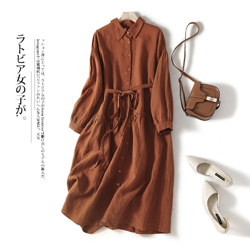 中長 オフィスカジュアル 定番 柔らかくて優しい印象 シングルブレスト 長袖 折り襟 シンプル シャツワンピース