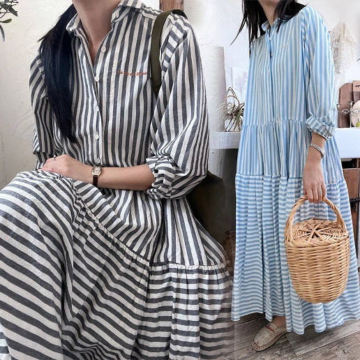 買わなきゃ損 切り替え POLOネック ボーダー 長袖 Aライン シンプル ワンピース シャツワンピース