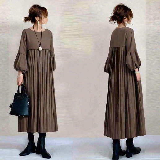 『今売れてます!』 ギャザー Aライン 無地 ランタンスリーブ 九分袖 カジュアル ワンピース