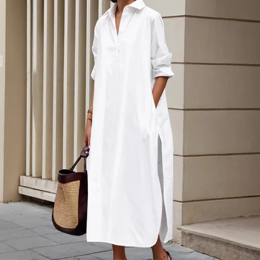 新作入荷 無地 スリット 長袖 シャツやブラウスの袖 ポケット付き カジュアル シャツワンピース
