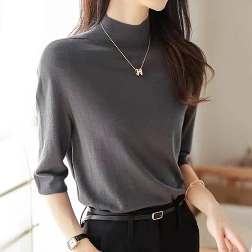 大人女子必見! 無地 週末 半袖 ハーフネック 着痩せ効果 シンプル ニットセーター