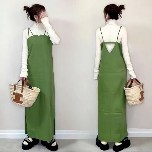 キレカジ モード ストレート 足首丈 透かし編み 着痩せ効果 気分転換 シンプル キャミワンピース