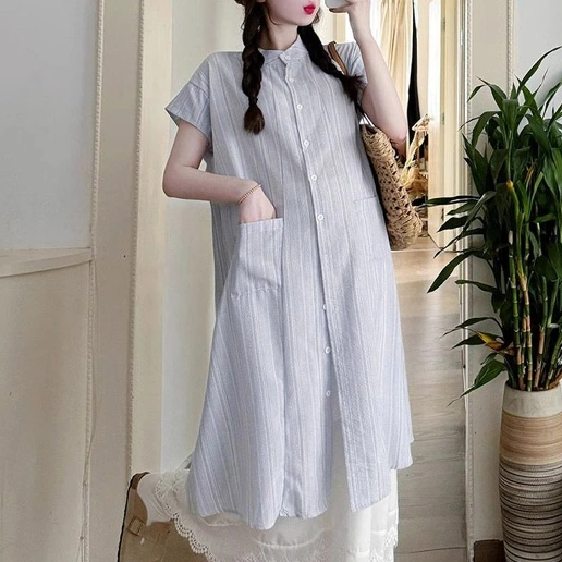 ストライプ柄 無地 半袖 ポケット付き ボタン シャツワンピース