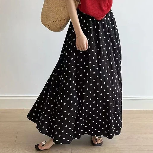 ドット柄 切り替え レギュラーウエスト 足首丈 Aライン ファッション スカート