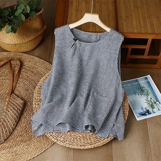 「チェック柄 」ノースリーブ カジュアル ラウンドネック タンクトップ
