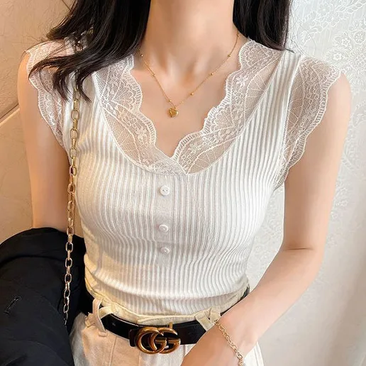 切り替え レース ノースリーブ 無地 ボタン セクシー セクシー プルオーバー 着痩せ効果 タンクトップ
