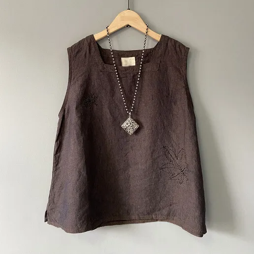 お買い得！ ビックシルエット 無地 刺繍 ノースリーブ スクエアネック レトロ タンクトップ/キャミソール