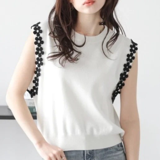 「ノースリーブ 」ファッション ラウンドネック 切り替え 花模様 タンクトップ