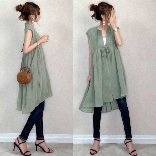 『大人が着たいアイテム』 無地 ランダムティアード ボウタイ ギャザー 半袖 ファッション チュニック