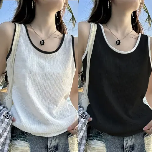 No.1 人気商品 切り替え ショート丈 無地 ラウンドネック ノースリーブ ファッション タンクトップ/キャミソール