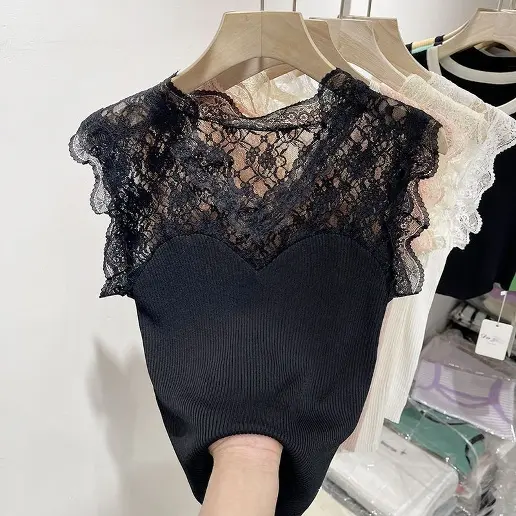 絶対欲しい レース ノースリーブ ラウンドネック 無地 切り替え フェミニン タンクトップ