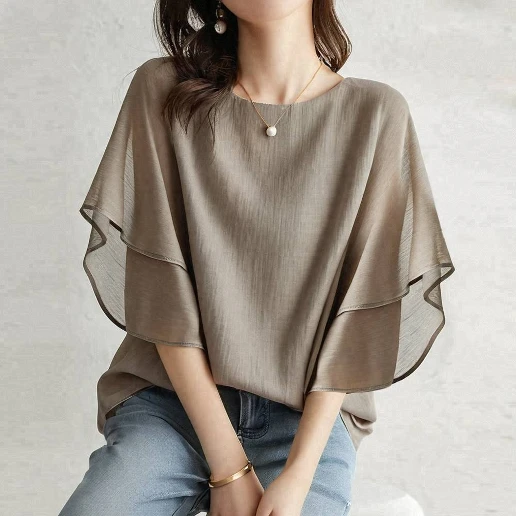 存在感抜群 切り替え 無地 ラウンドネック 五分袖 フレア袖 ファッション シャツ