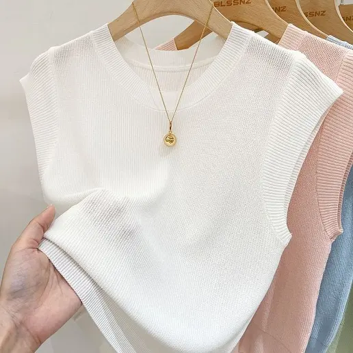 新作登場 無地 ラウンドネック フリル袖 ニット 半袖 シンプル タンクトップなし