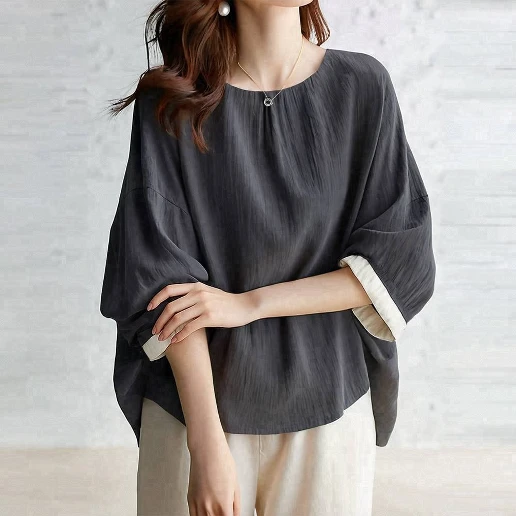 毎日参考になる！ 五分袖 配色 ラウンドネック プルオーバー ドルマンスリーブ シンプル Tシャツ