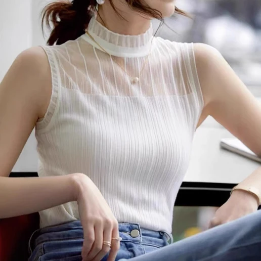 今季人気 透かし編み 無地 レース ノースリーブ 切り替え ファッション タンクトップ