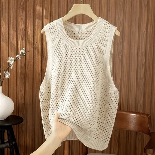 ins超人気 透かし編み ノースリーブ 無地 ラウンドネック 伸縮性あり 森ガール タンクトップ