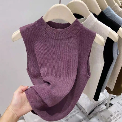 トレンドを先取り♪ 無地 ノースリーブ プルオーバー ショート丈 ハーフネック ニット タンクトップ