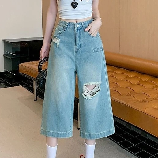 新品登場☆オススメ クロップド丈（7分丈） 無地 ダメージ加工 ハイウエスト ポケット付き カジュアル デニム